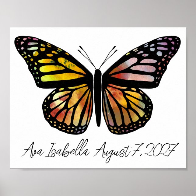 Poster Aquarelle papillon NOM DE BÉBÉ PERSONNALISÉ NAISSA (Devant)