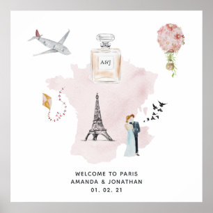 Poster Aquarelle Paris Mariage à thème Bienvenue Monogram