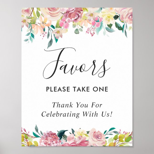 Poster Aquarelle Pastel Blush Floral Wedding Faveurs Sign (Devant)