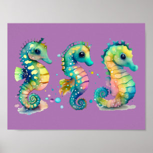 Poster Aquarelle Pastel Rainbow Seahores