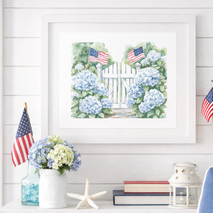 Poster Aquarelle Patriotique Blue Hydrangea Cottage Garde