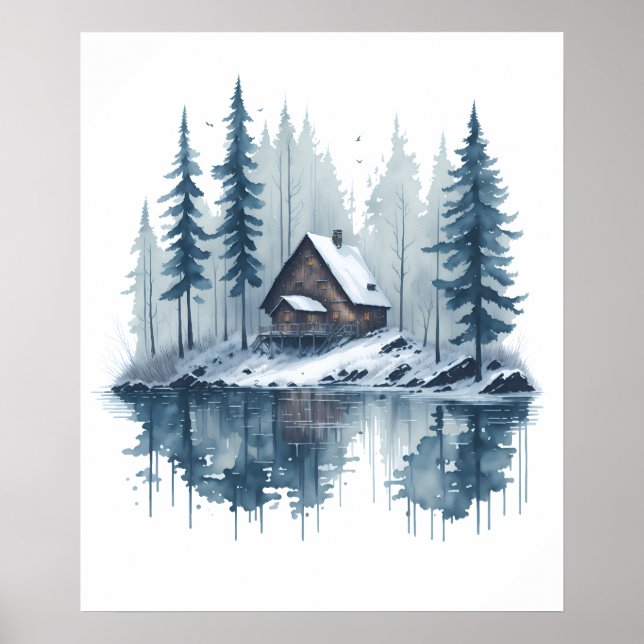 Poster Aquarelle paysage neigeux avec Cabine Lakeside (Devant)