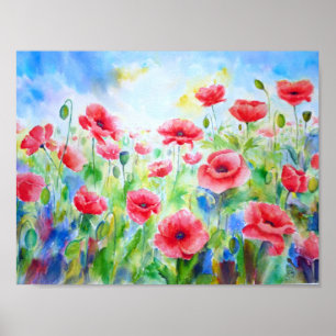 Poster Aquarelle peignant le champ rouge de pavot