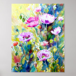 Poster Aquarelle peignant les pavots pourpres