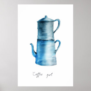 Poster Aquarelle peinte à la main Vintage Café bleu