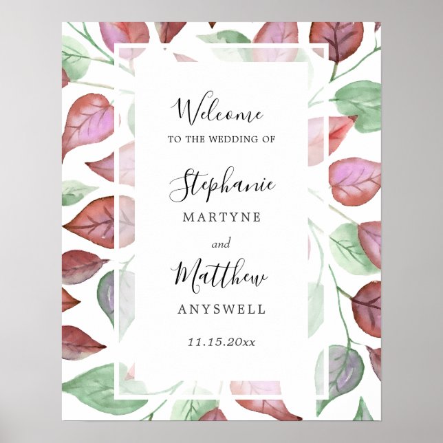 Poster Aquarelle Peinte Bourgogne Feuille Mariage de feui (Devant)