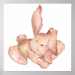 Poster Aquarelle Peinte Mignonne Lapin Dormant Rabbit