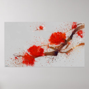 Poster Aquarelle peinture branche fleurs rouges asiatique