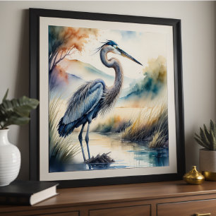 Poster Aquarelle Peinture de Grand Héron Bleu 1:1