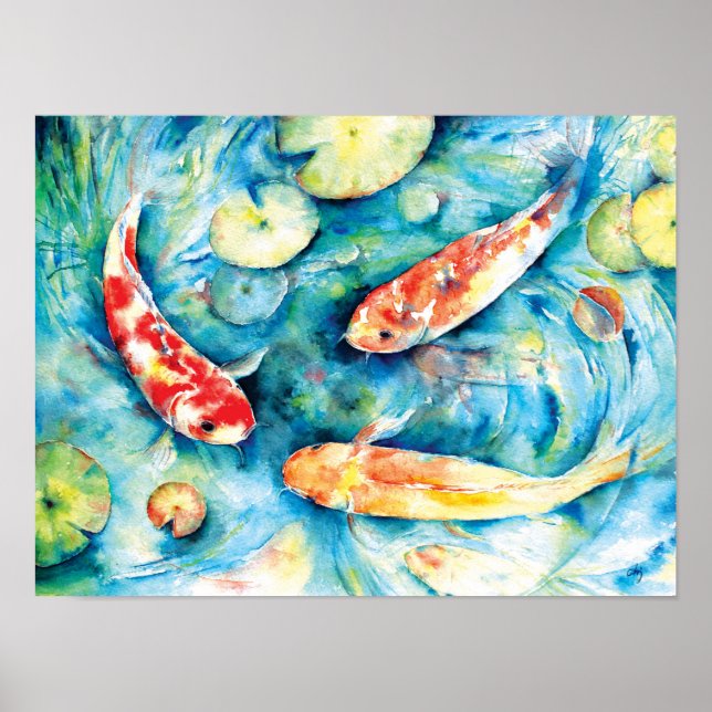 Poster Aquarelle Peinture de Koi dans Lily Pond (Devant)