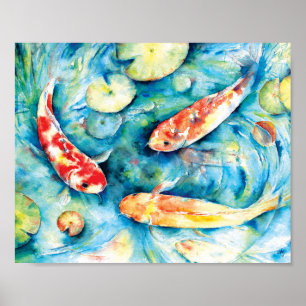 Poster Aquarelle Peinture de Koi dans Lily Pond