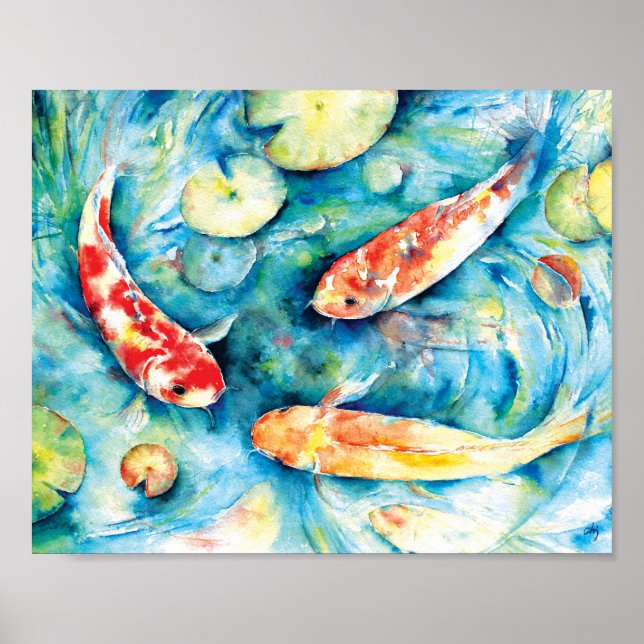 Poster Aquarelle Peinture de Koi dans Lily Pond (Devant)
