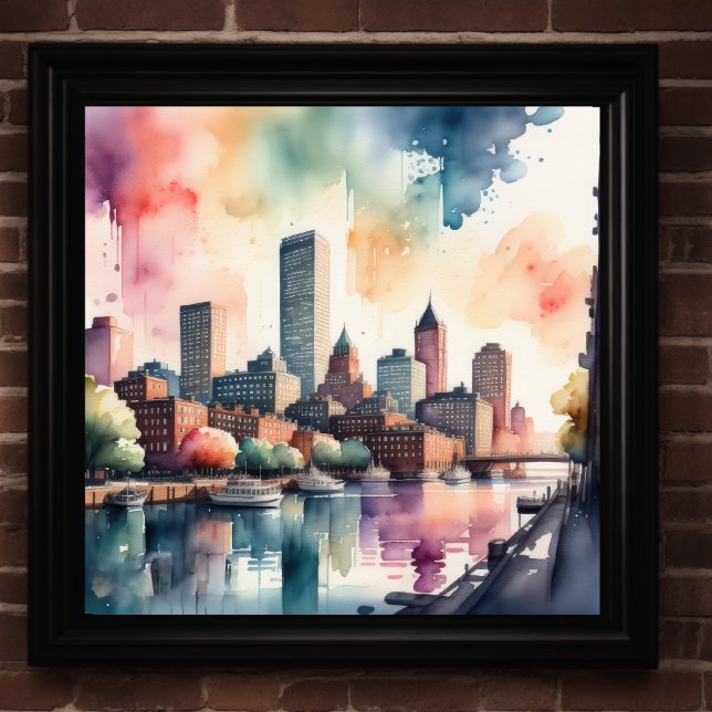 Poster Aquarelle Peinture de la ville avec rivière (Créateur téléchargé)