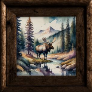 Poster Aquarelle Peinture de l'orignal en forêt 1:1