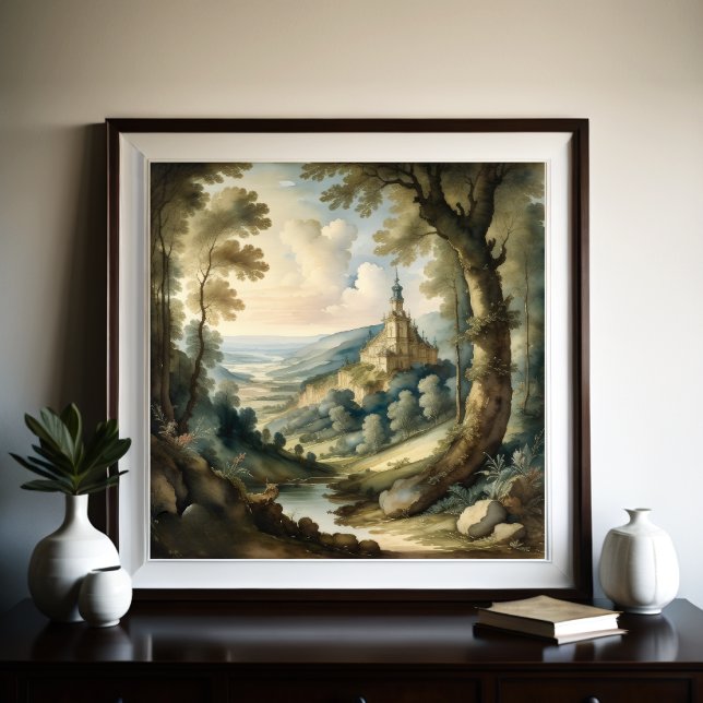 Poster Aquarelle Peinture de paysage de style antique (Créateur téléchargé)