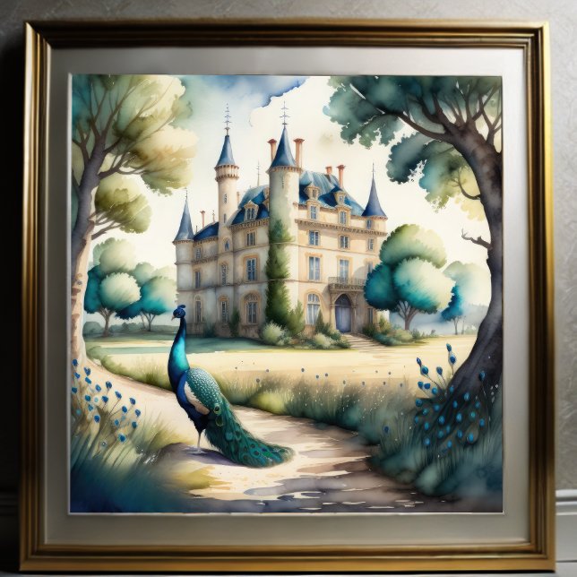 Poster Aquarelle Peinture de Peacock et Château (Créateur téléchargé)
