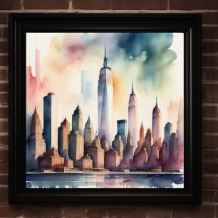 Poster Aquarelle Peinture de ville avec eau