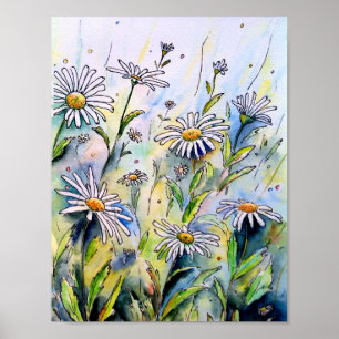 Poster Aquarelle Peinture des marguerites