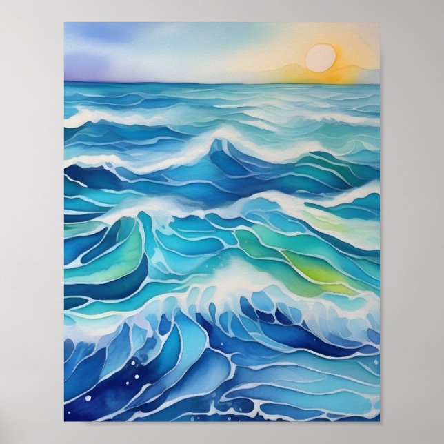 Poster Aquarelle peinture des vagues bleues (Devant)