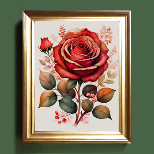 Poster Aquarelle Peinture d'un Rose rouge