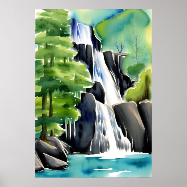 Poster Aquarelle Peinture D'Une Cascade (Devant)