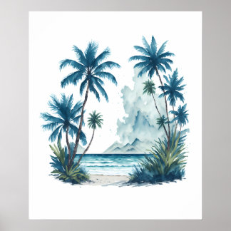 Poster Aquarelle Peinture d'une plage avec palmiers