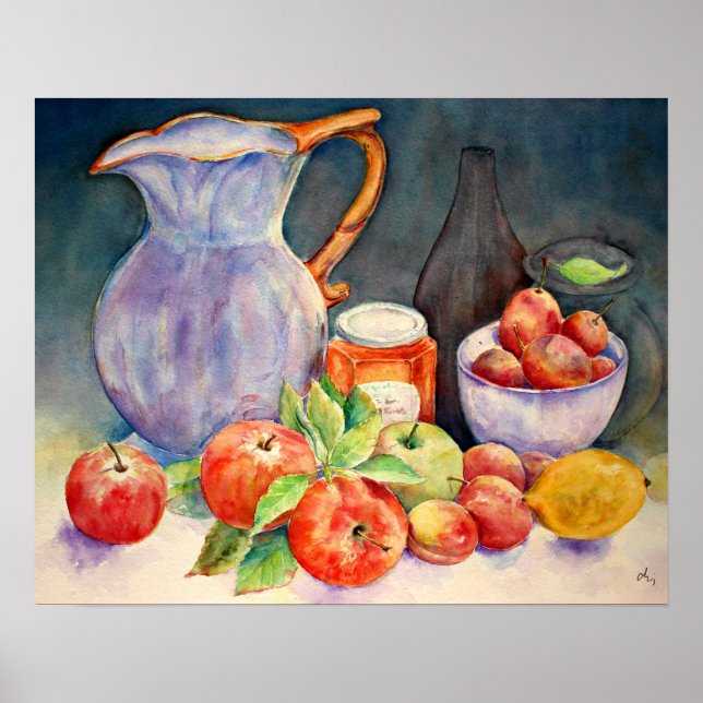 Poster Aquarelle Peinture Fruit et Jug Vie morte (Devant)