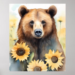 Poster Aquarelle Peinture Ours Brown Et Fleurs De Soleil
