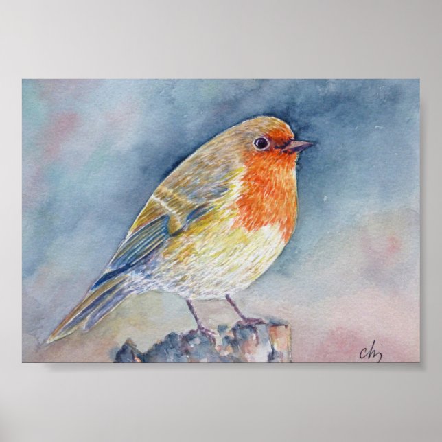 Poster Aquarelle Peinture Robin oiseau (Devant)