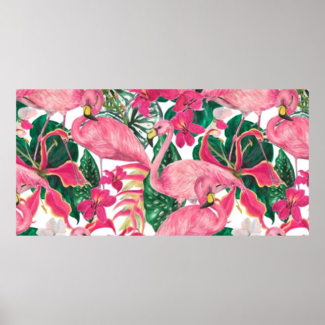 Poster Aquarelle peinture sans couture motif avec flamant (Devant)