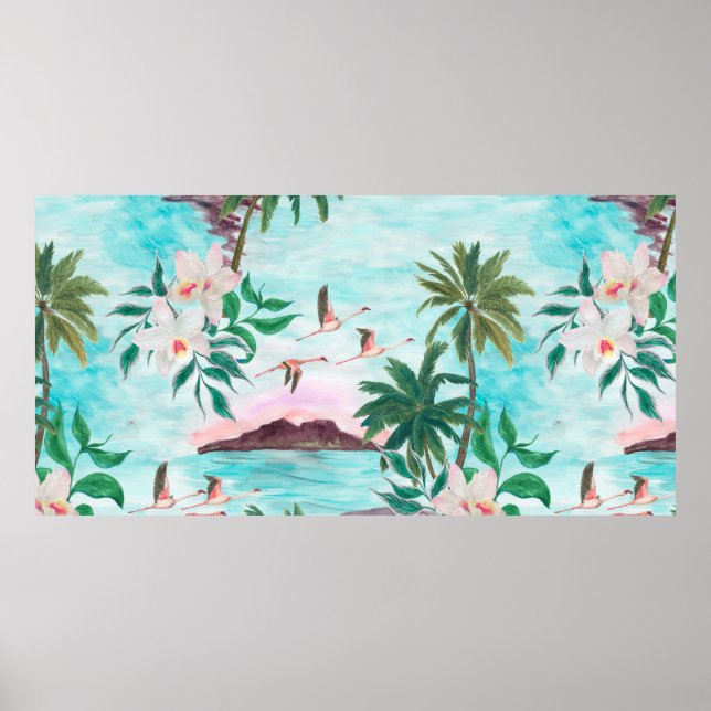 Poster Aquarelle peinture sans couture motif avec hawaïen (Devant)