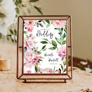 Poster Aquarelle Peony Magnolia Mariage rose Bienvenue