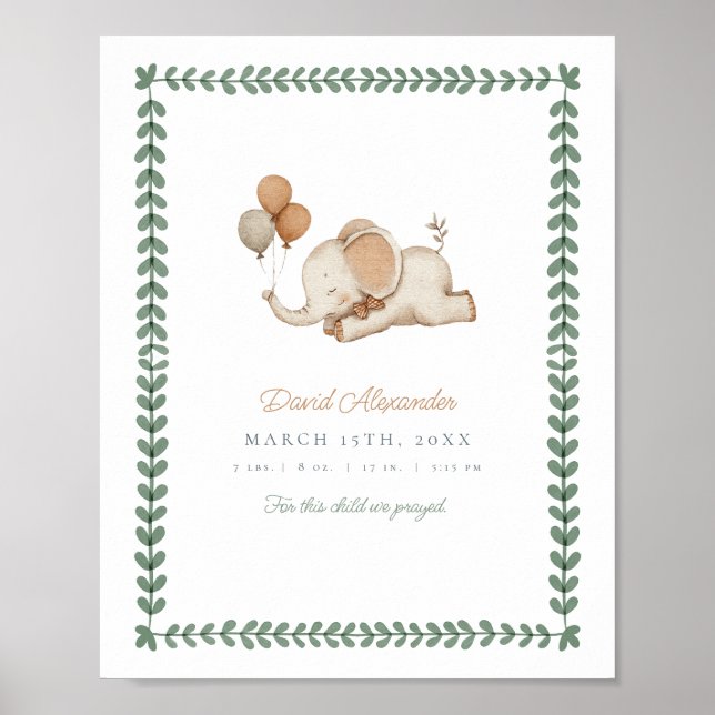 Poster Aquarelle personnalisée Elephant Baby Boy Nursery (Devant)