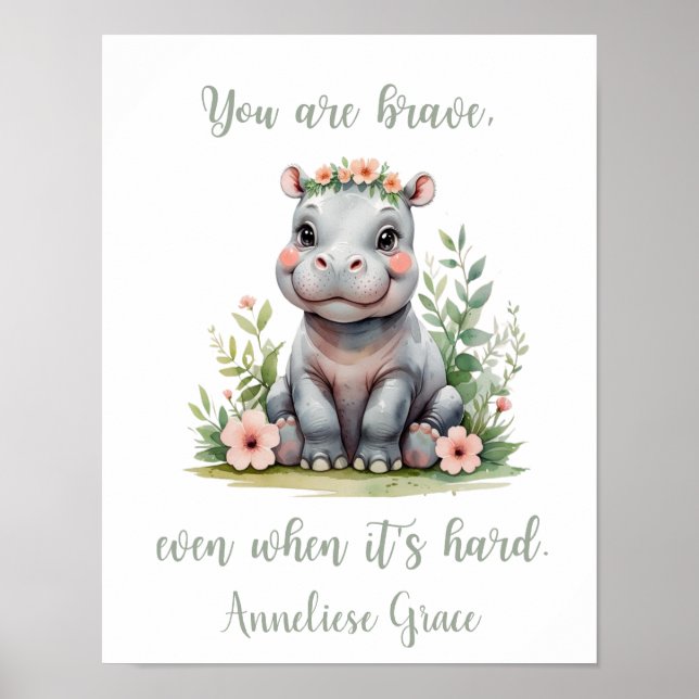 Poster Aquarelle personnalisée Hippo Girl Safari Nursery (Devant)