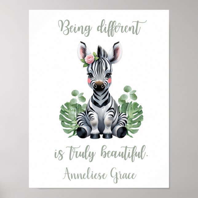 Poster Aquarelle personnalisée Zebra Girl Safari Nursery (Devant)