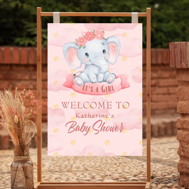Poster Aquarelle Pink fleoral éléphant Baby shower fille (Créateur téléchargé)