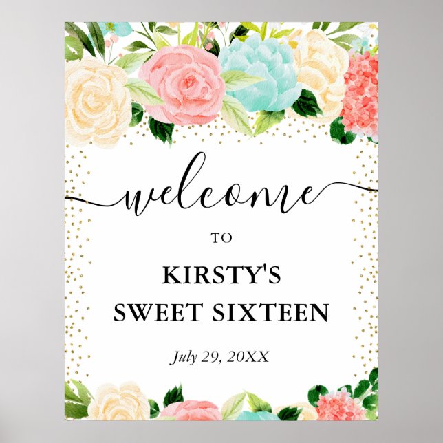 Poster Aquarelle Pink Mint Fleurs Sweet 16 Bienvenue (Devant)
