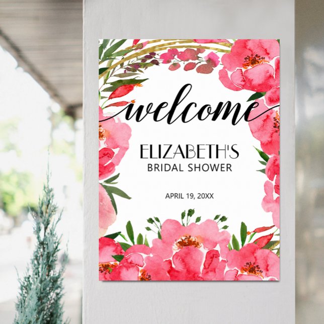 Poster Aquarelle Pink Peonies Fête des mariées Bienvenue (Pink Peony Flowers Bridal Shower Welcome Poster, PRINTED or INSTANT DOWNLOAD)