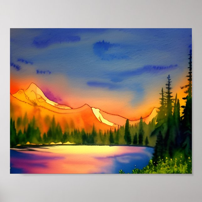 Poster Aquarelle Pittoresque Golden Light Mountains (Devant)