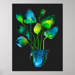 Poster Aquarelle plante art vert et bleu abstrait