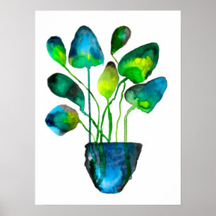 Poster Aquarelle plante art vert et bleu abstrait