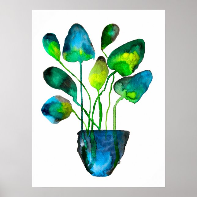 Poster Aquarelle plante art vert et bleu abstrait (Devant)