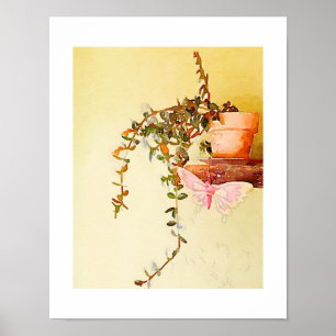 Poster Aquarelle Plante pointillé et papillon