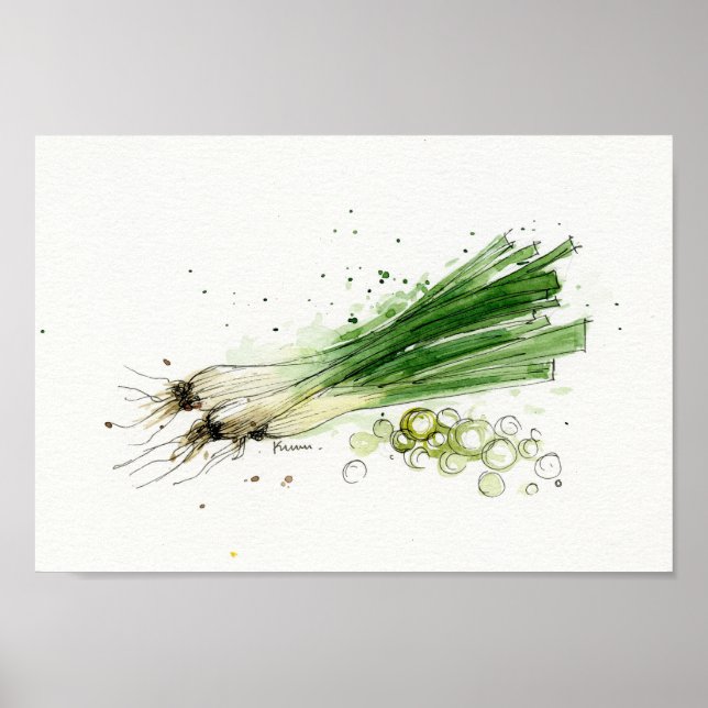 Poster Aquarelle, poireaux potager art (Devant)