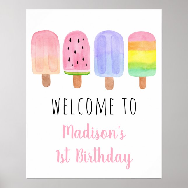 Poster Aquarelle Popsicle Rose Girl Accueil d'anniversair (Devant)