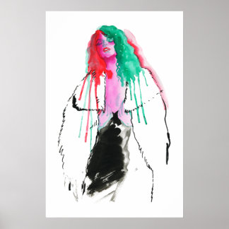 Poster Aquarelle portrait abstrait de la jeune femme,