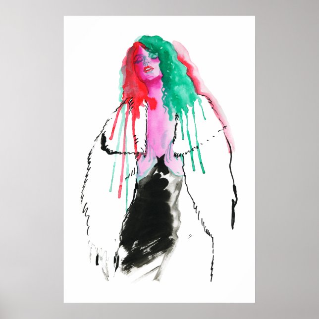 Poster Aquarelle portrait abstrait de la jeune femme, (Devant)