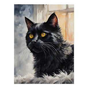 Poster Aquarelle Portrait de chat noir Pose Windows