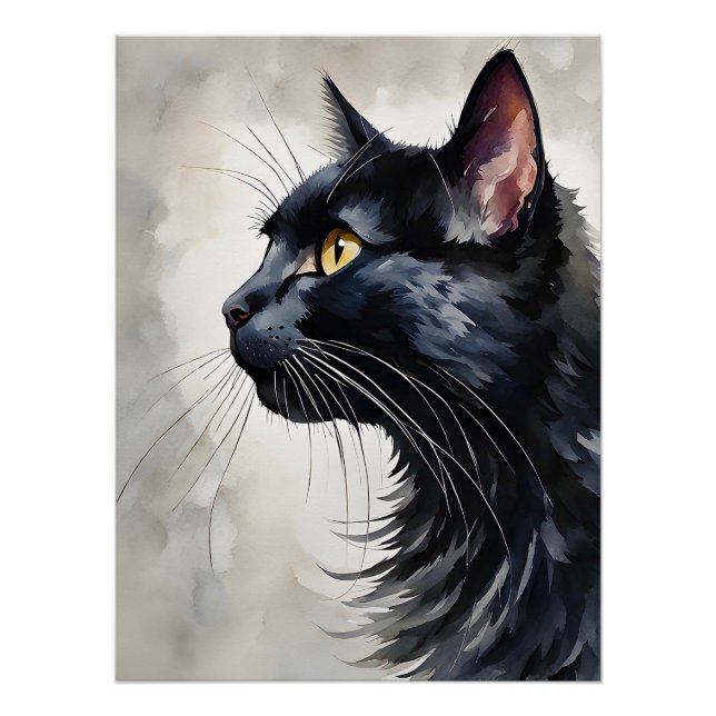 Poster Aquarelle Portrait de profil de chat noir Pose (Devant)