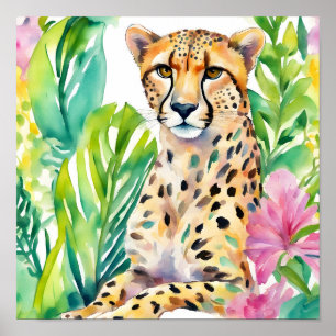 Poster Aquarelle Preppy Palm Beach Cheetah en Fleurs